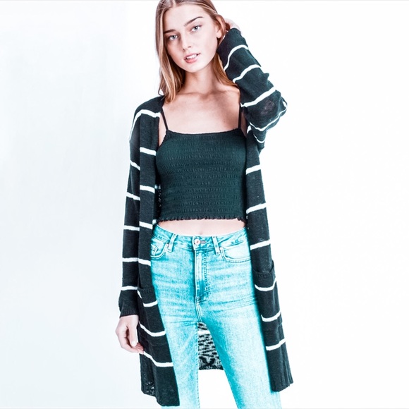 Sweaters - NEW! Black White Striped Cardigan Side Slit